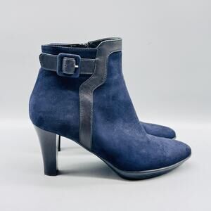 Aquatalia Boots Women 7.5 Blue Suede Vera Gomma Platform Heel Ankle Buckle Strap